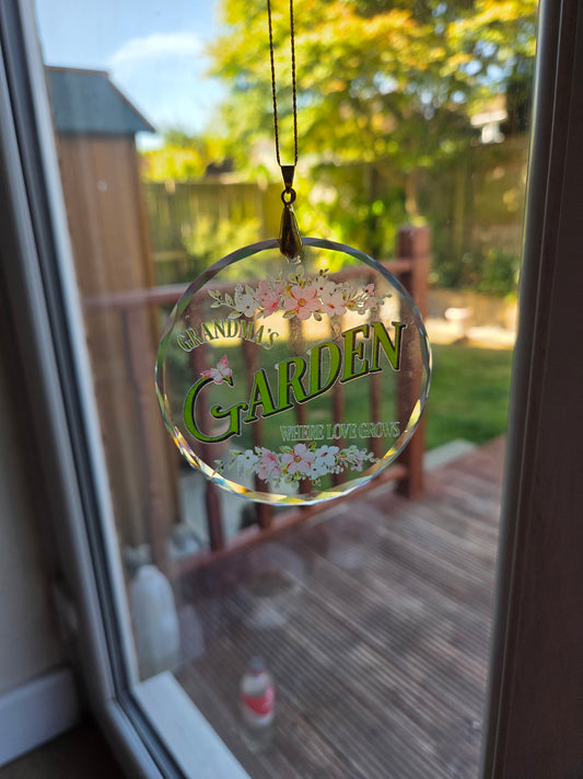 Grandma's Garden Clear Glass Disc Hanging Ornament