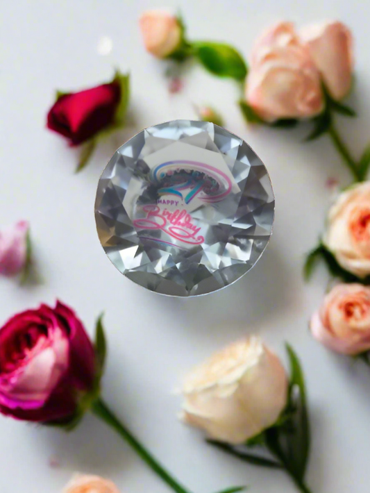 Small UV Printed Birthday Crystal Glass Paperweight on stand