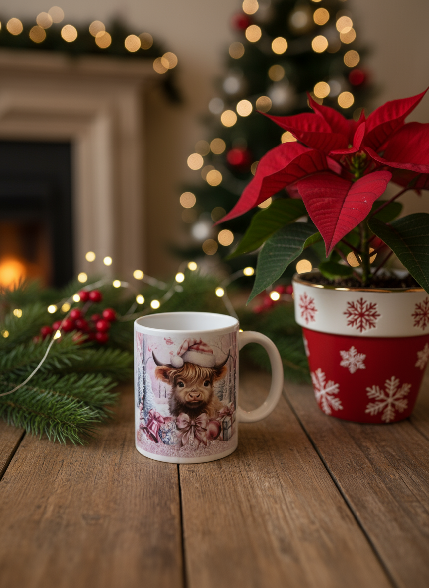 Highland Cow Pink Christmas Mug