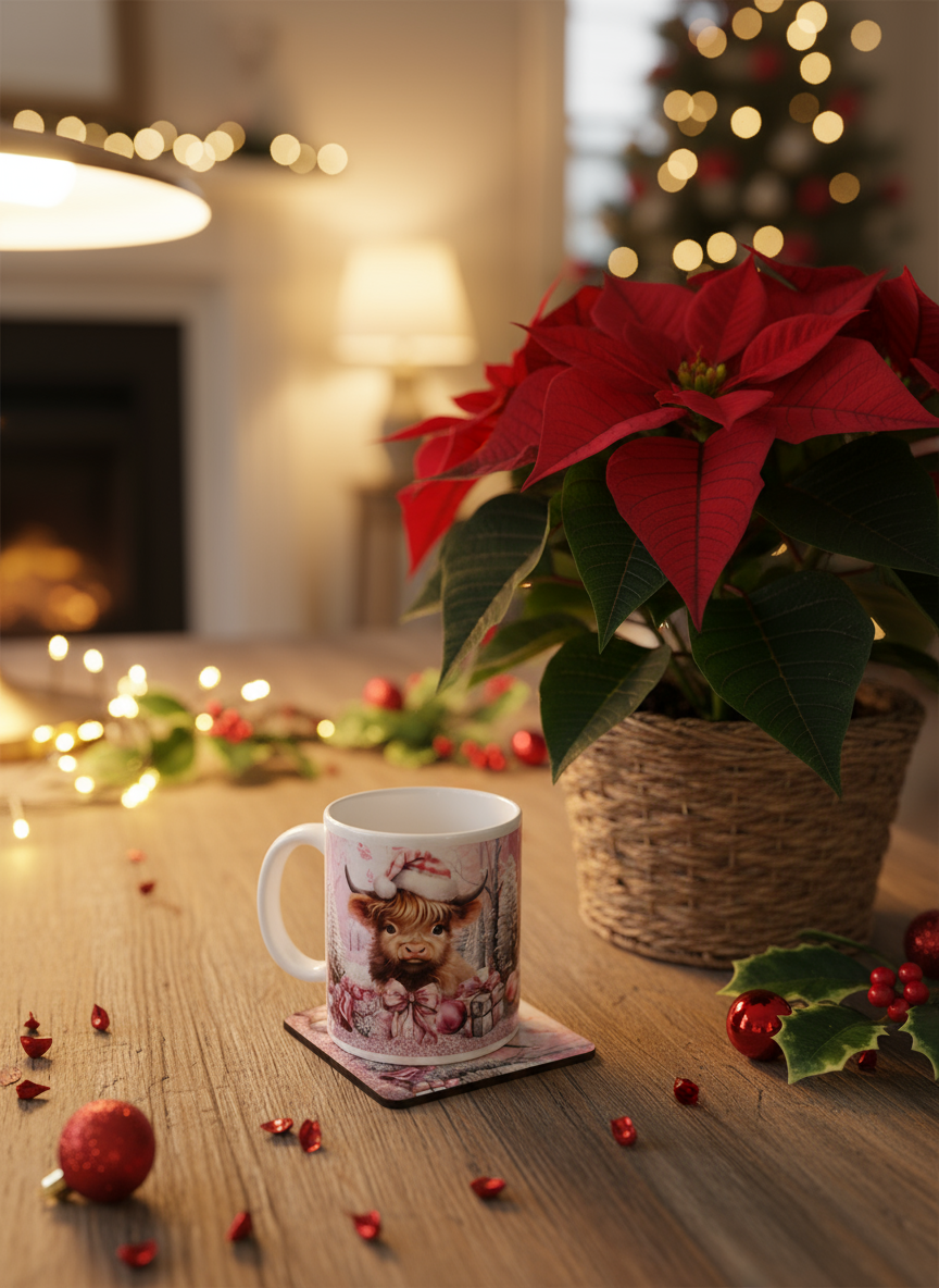 Highland Cow Pink Christmas Mug