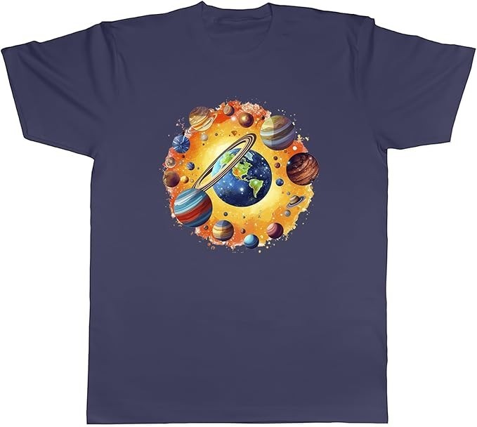 Earth Space Mens T-Shirt Solar System Planets Tee Gift Navy Blue - Size S