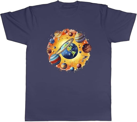 Earth Space Mens T-Shirt Solar System Planets Tee Gift Navy Blue - Size S
