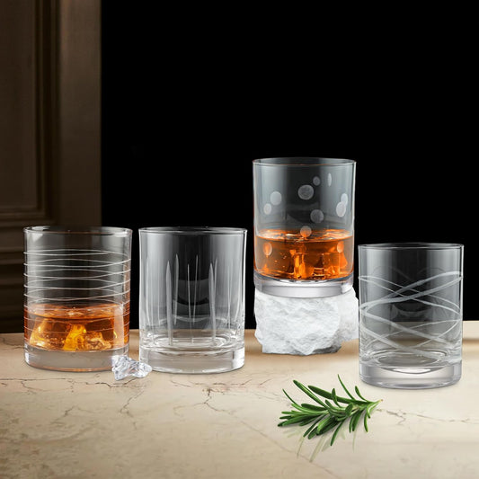 Set of 4 Clear Hand Blown Etched Old Fashioned Tumblers