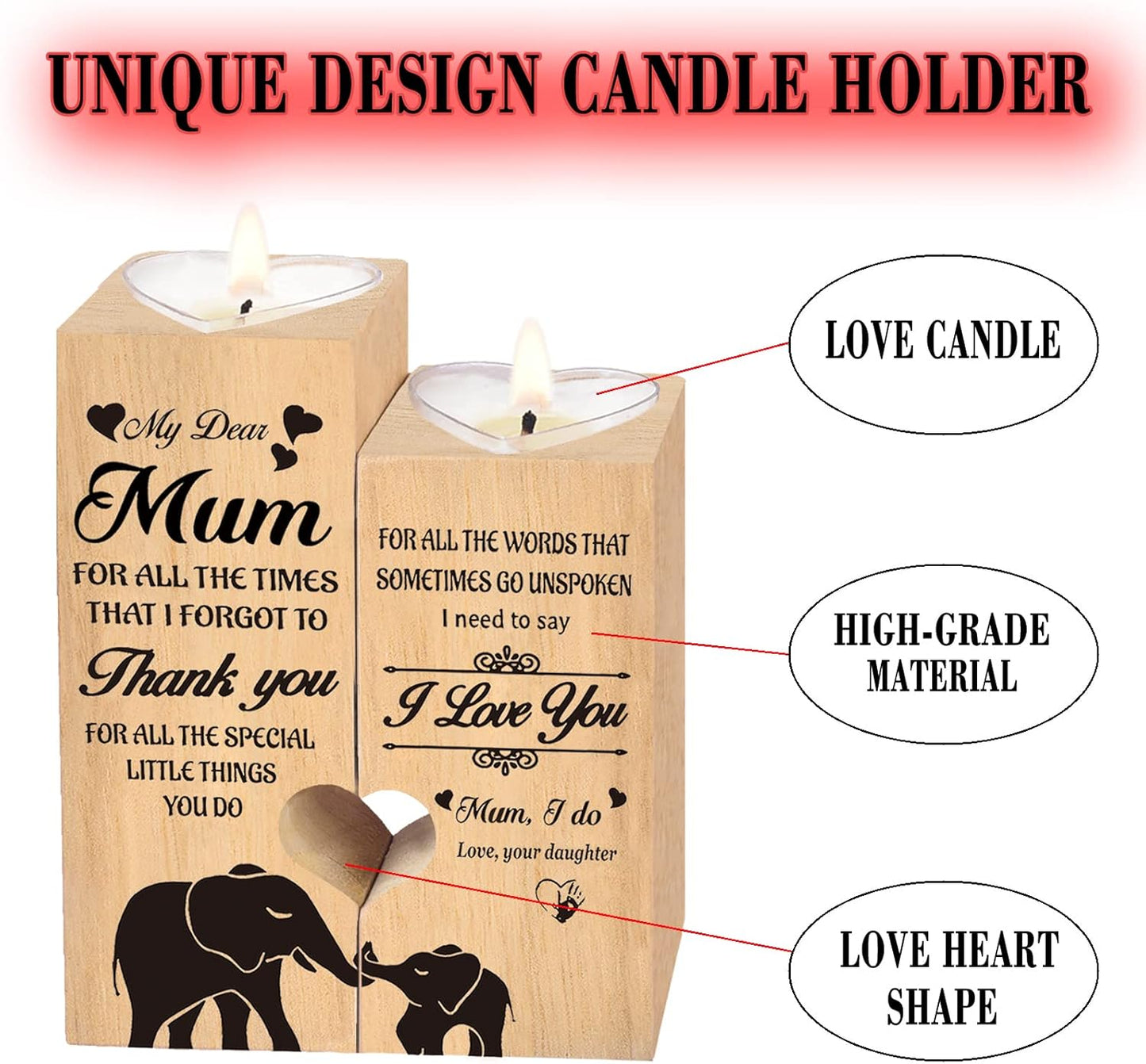Wooden Engraved Heart Shaped Candle - Wife, Mum