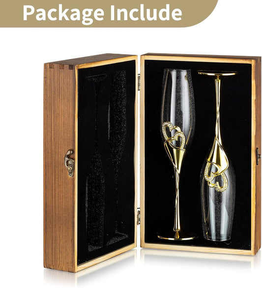 Mr and Mrs Champagne Glasses with Wooden Gift Box