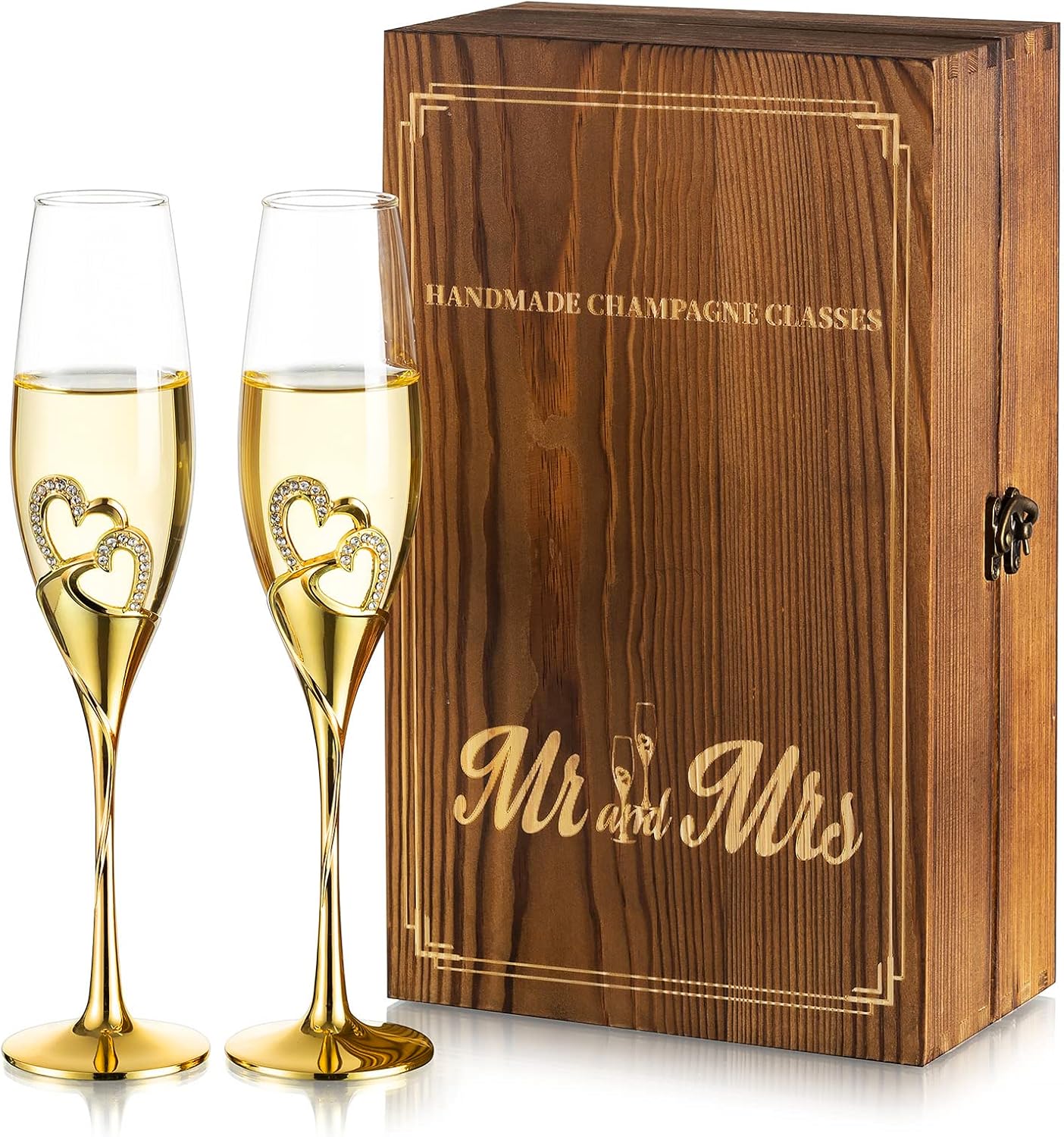 Mr and Mrs Champagne Glasses with Wooden Gift Box