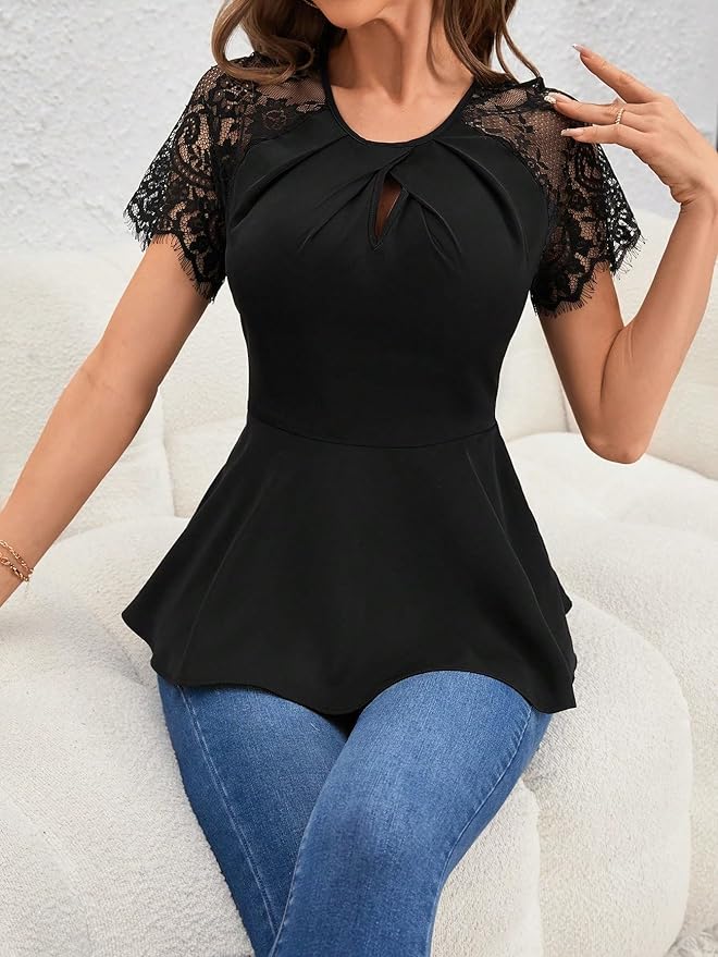 Ladies Lace Sheer Tunic Top Blouse Short Sleeve - Medium