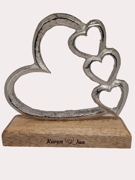 Silver Hearts On Wooden Base