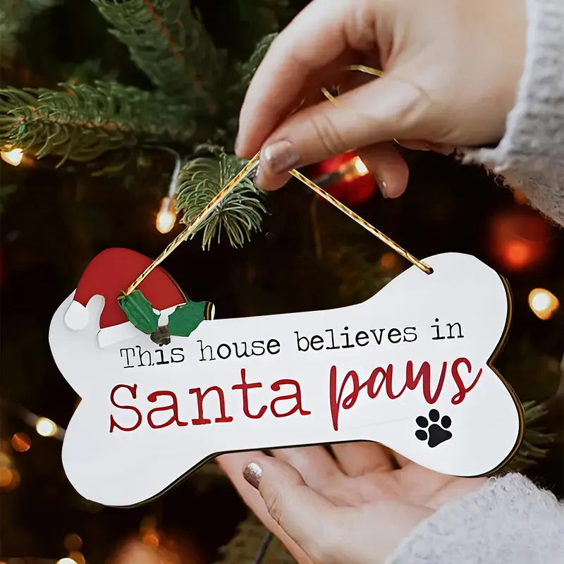 Festive Santa Paws Dog Bone-Shaped Wooden Christmas Ornament