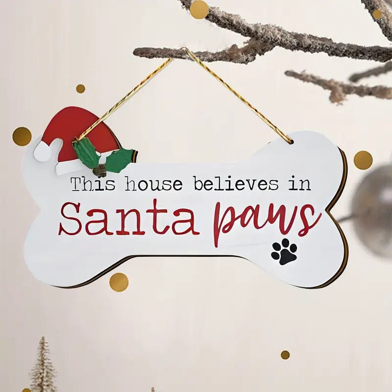 Festive Santa Paws Dog Bone-Shaped Wooden Christmas Ornament