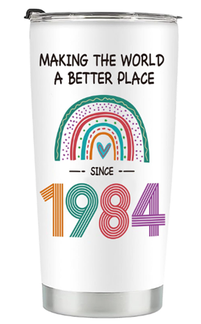 1984 Birthday Tumbler with Rainbow Print and interesting facts from the year she was born