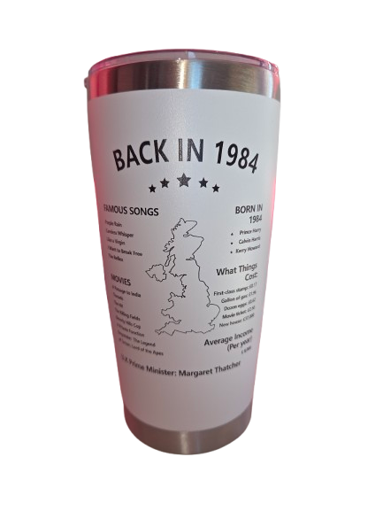1984 Birthday Tumbler with Rainbow Print and interesting facts from the year she was born