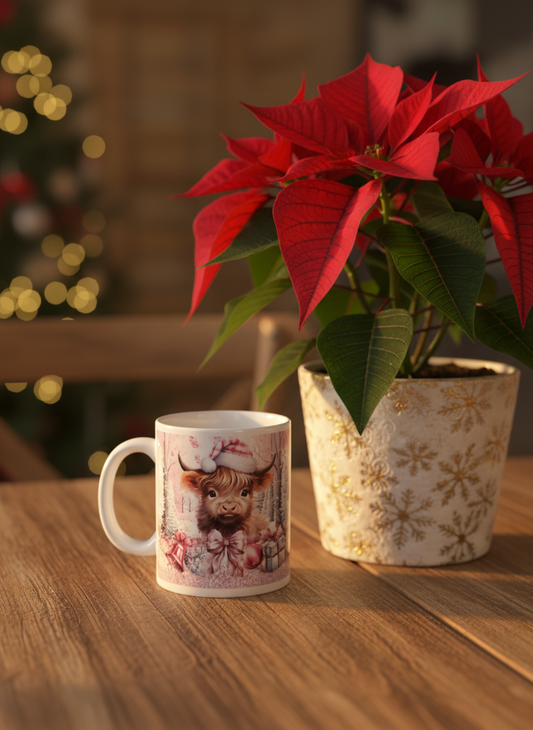 Highland Cow Pink Christmas Mug