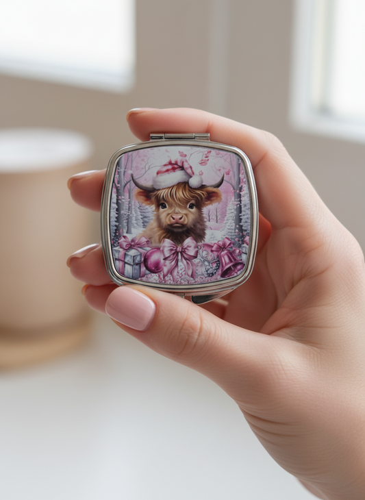 Pink Christmas Highland Cow Compact Mirror