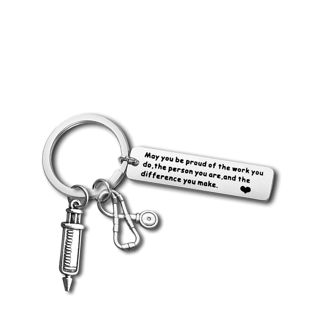 Nurse thank you Keyring with Syringe and stethoscope charms.