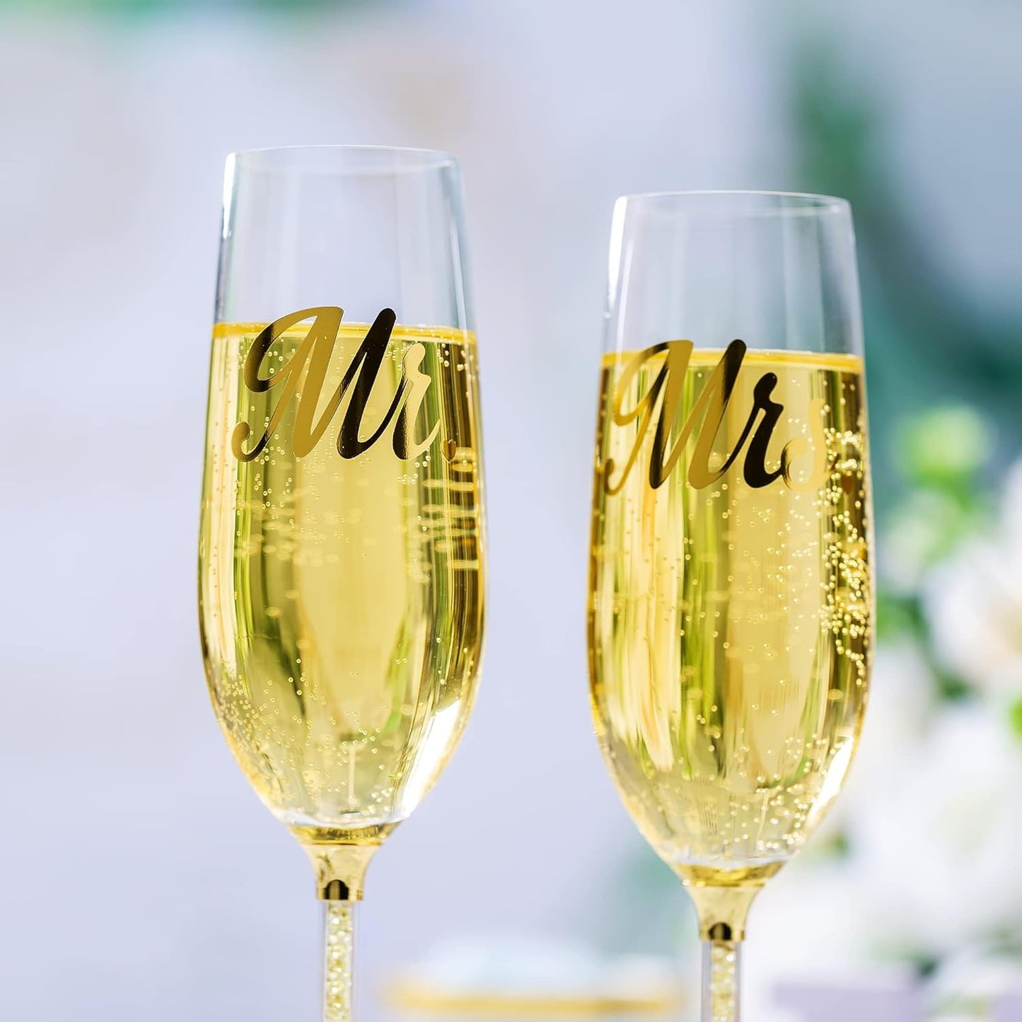 Mr and Mrs Champagne Glasses with Wooden Gift Box