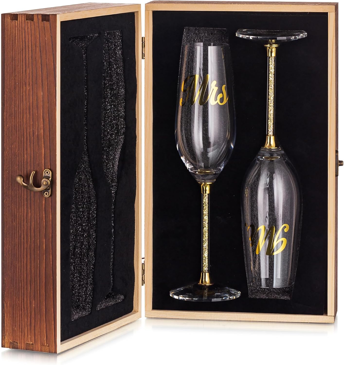 Mr and Mrs Champagne Glasses with Wooden Gift Box