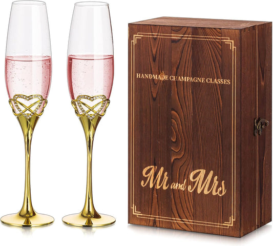 Mr and Mrs Champagne Glasses with Wooden Gift Box