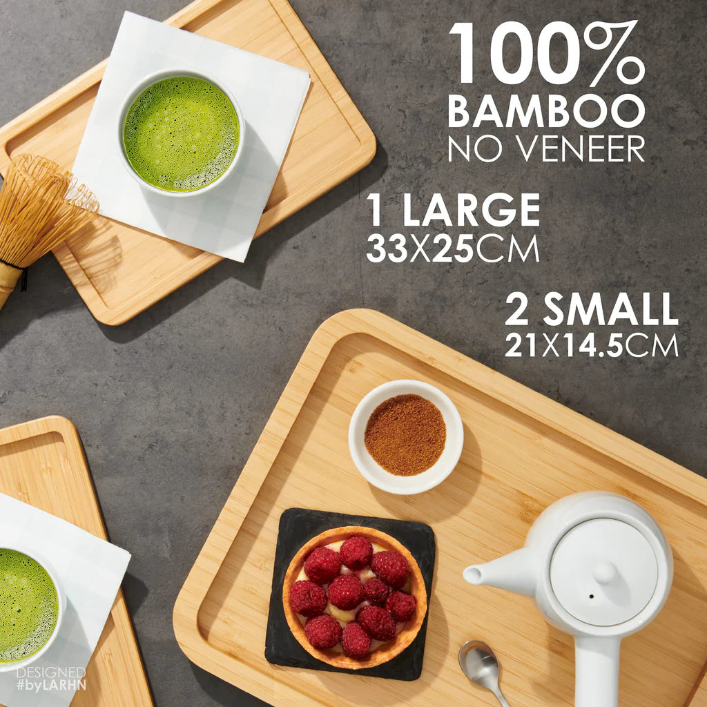 Bamboo Wooden Trays for Food, Tea, Coffee, Drinks & More - 1 Large Wooden Tray & 2 Small Bamboo Trays - by LARHN