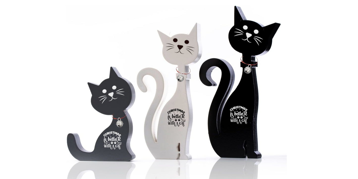 Wooden Standing Cat Ornaments - Set of 3