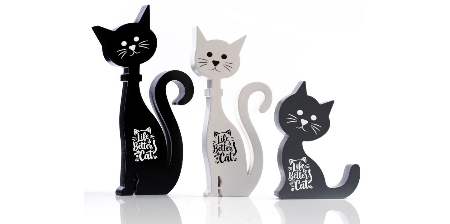 Wooden Standing Cat Ornaments - Set of 3