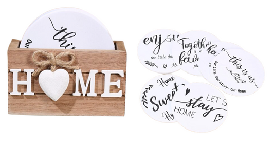 Coaster set with Wooden Holder - Home or Love