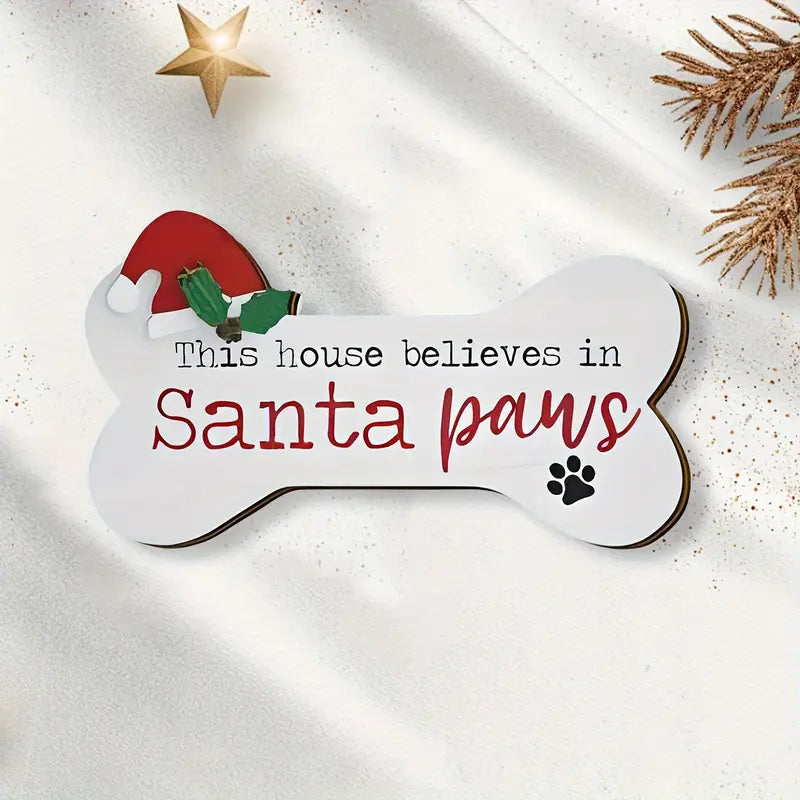 Festive Santa Paws Dog Bone-Shaped Wooden Christmas Ornament