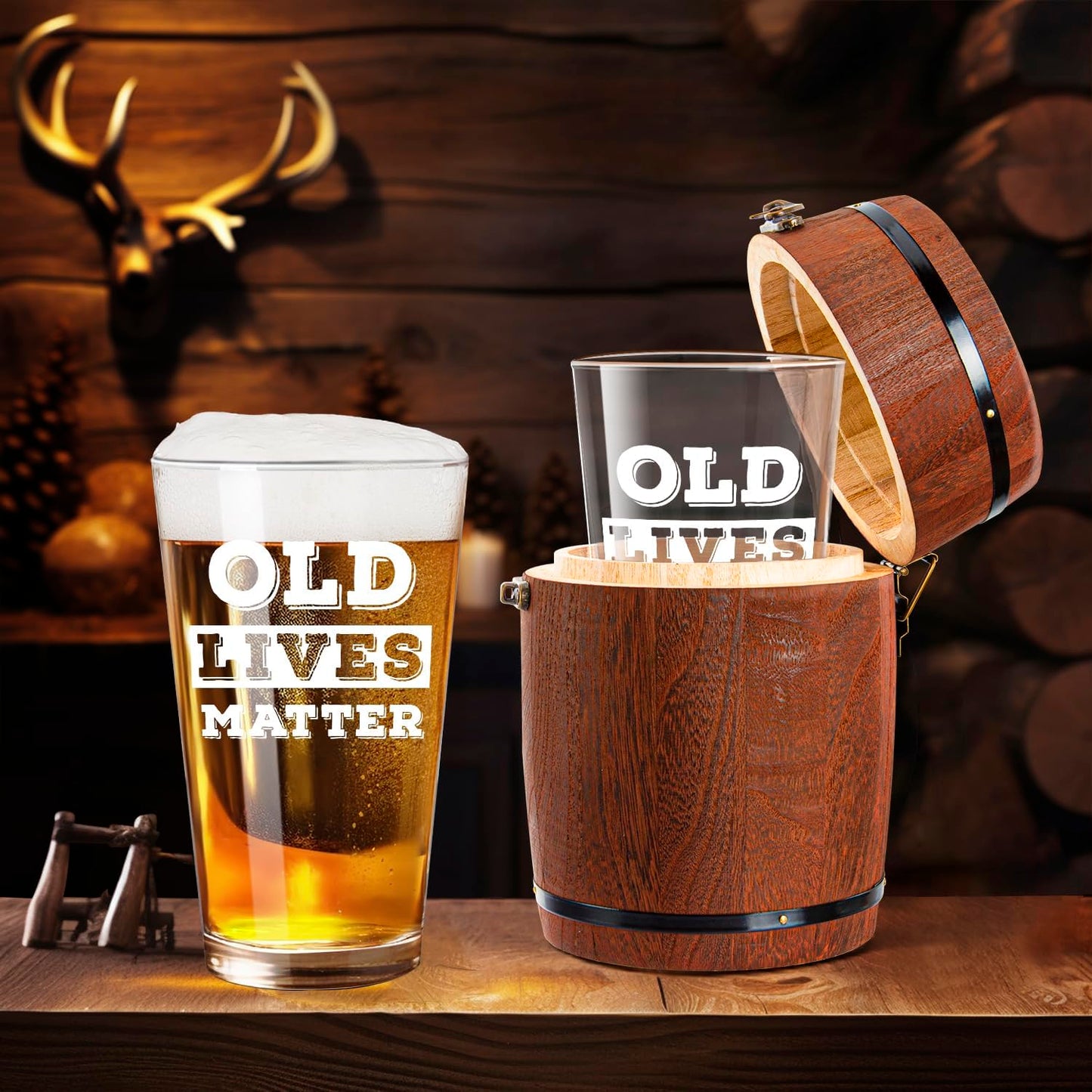 Old Lives Matter Beer Glass in Barrel Box
