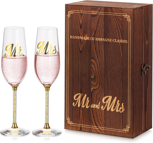 Mr and Mrs Champagne Glasses with Wooden Gift Box