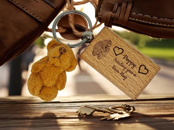 Personalised Little Pocket Bear Hug engraved wooden Keyring