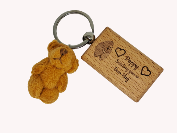 Personalised Little Pocket Bear Hug engraved wooden Keyring