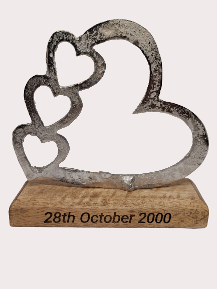 Silver Hearts On Wooden Base