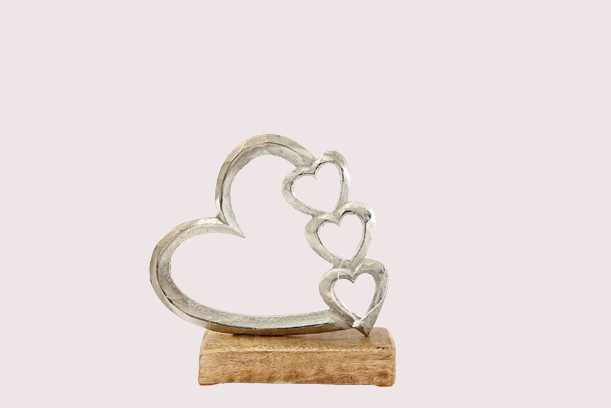 Silver Hearts On Wooden Base